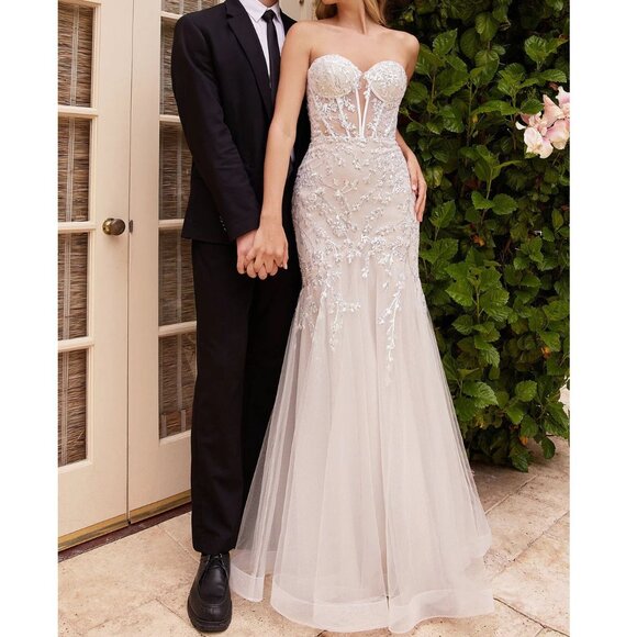 French White Strapless Sequin Corset Formal Mermaid Wedding Dress 4 - Picture 2 of 8